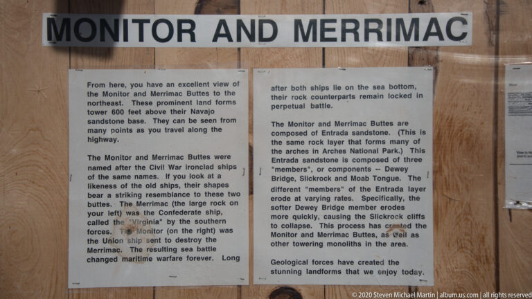 Text panels describe the Monitor and Merrimac buttes and their geology.