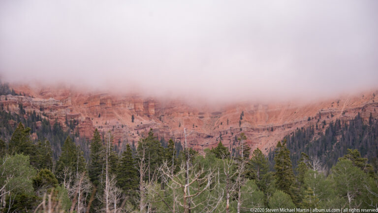A low cloud hides the upper amphitheater above orange cliffs and a foreground of conifers.