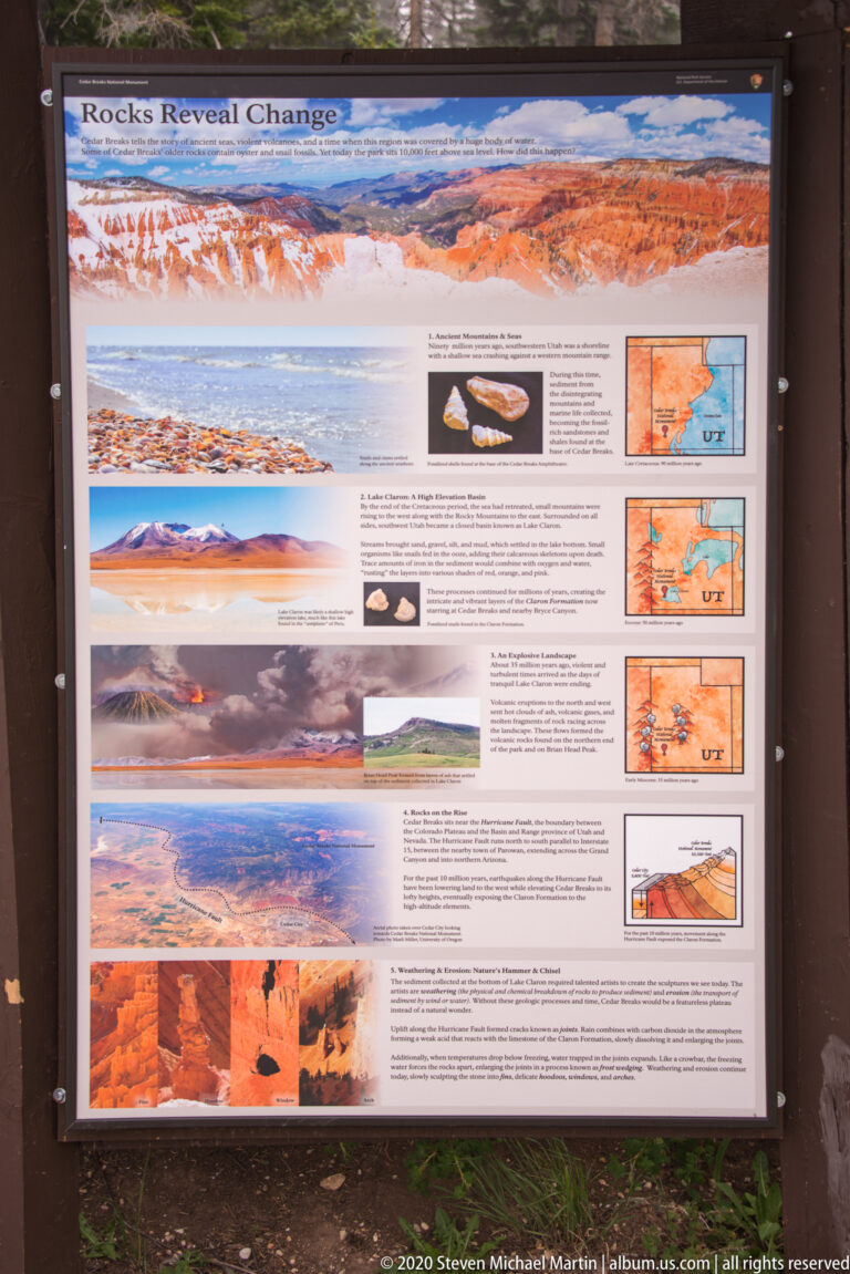 A geology display pairs a red-rock panorama with diagrams and maps beneath a wooden shelter.