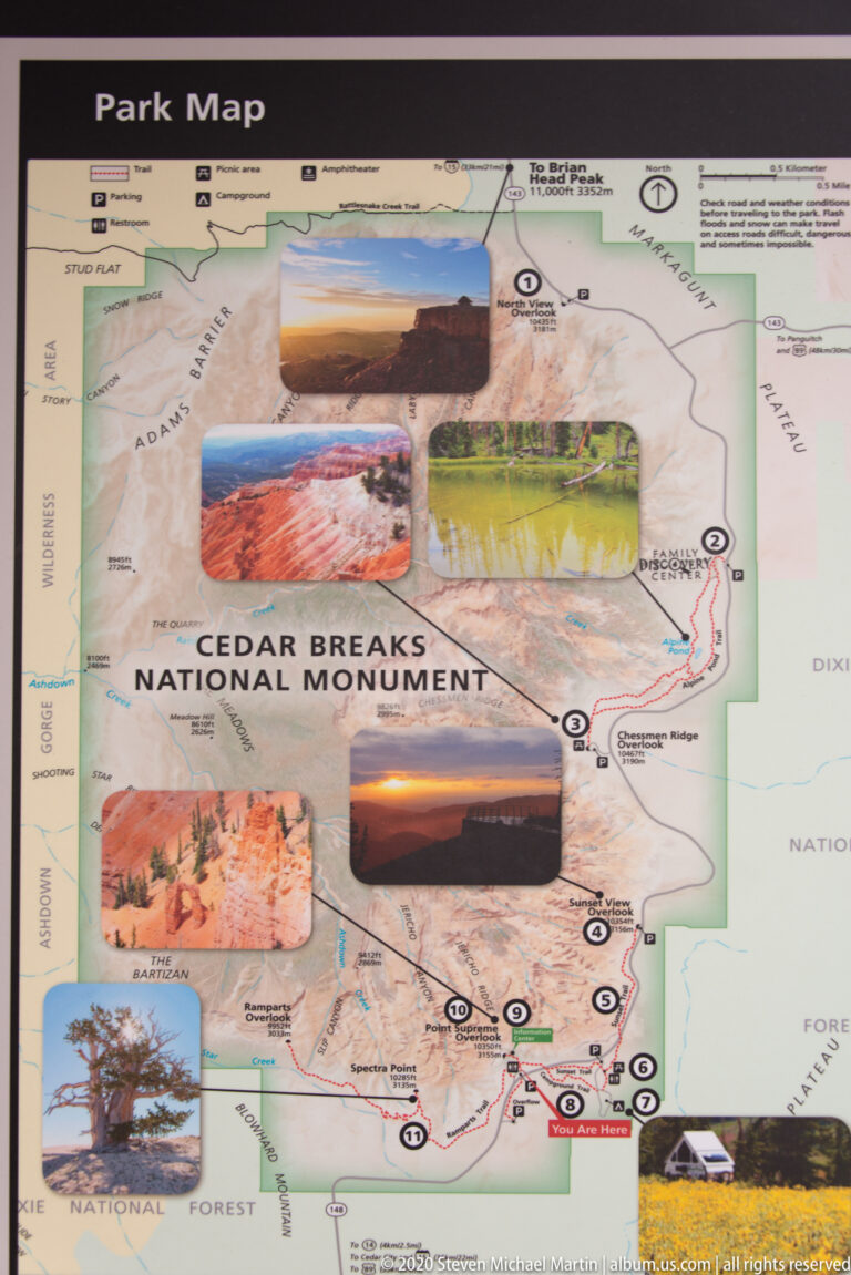 A Cedar Breaks National Monument map shows routes and numbered stops among inset landscape photographs.