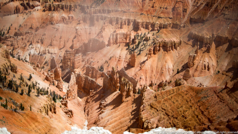 Dense orange and cream spires descend through a steep canyon slope cut by dark channels.