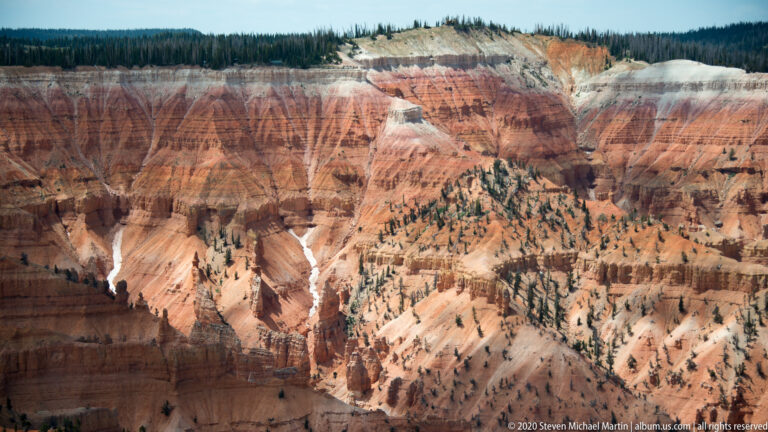 Orange and cream cliff bands descend into hoodoos and conifer-covered slopes beneath a forested rim.