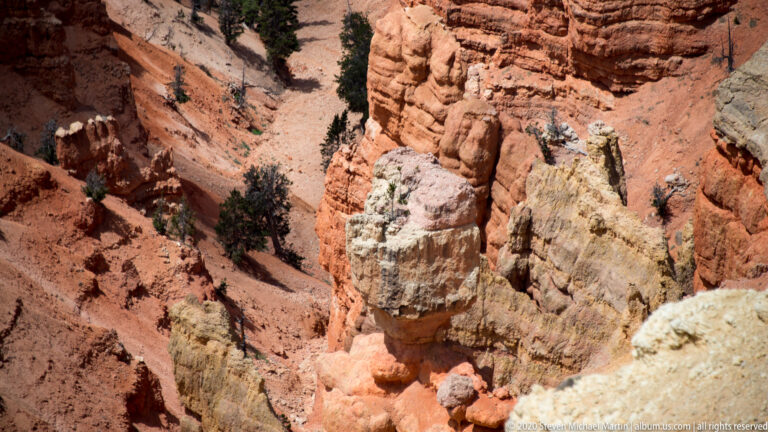 Pale and orange spires with layered caps rise between narrow gullies and dark tree patches.