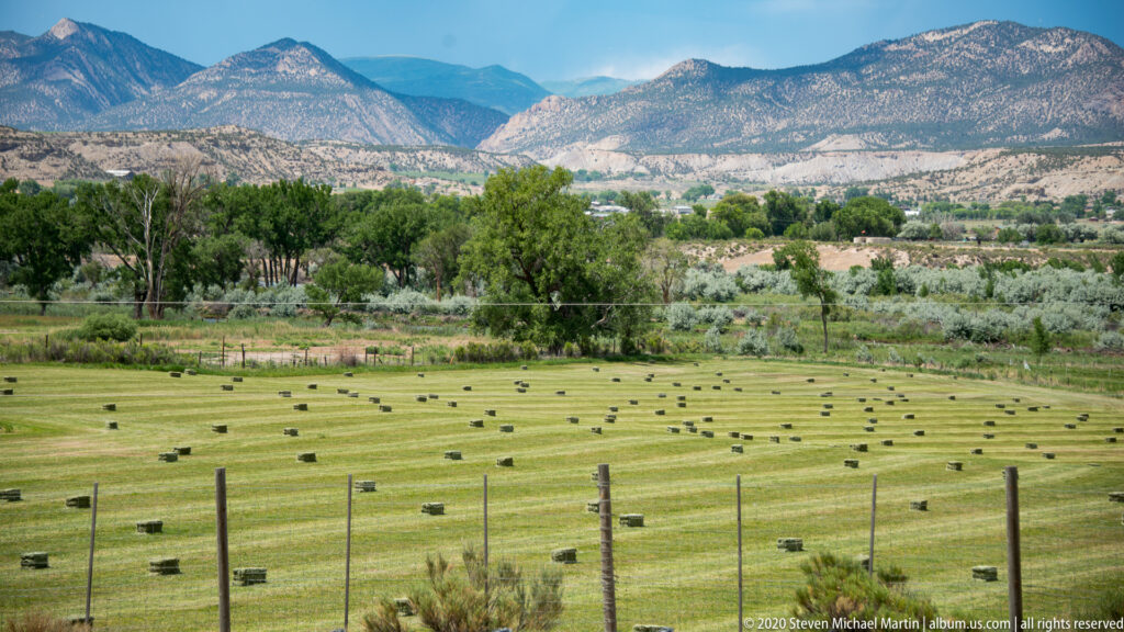 Round hay bales dot a cut field behind a wire fence, with trees and mountains in the background.