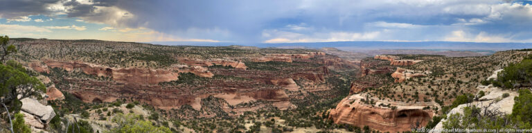 Nested red and pale canyon layers fill the view beneath a dark storm cloud and distant rain.