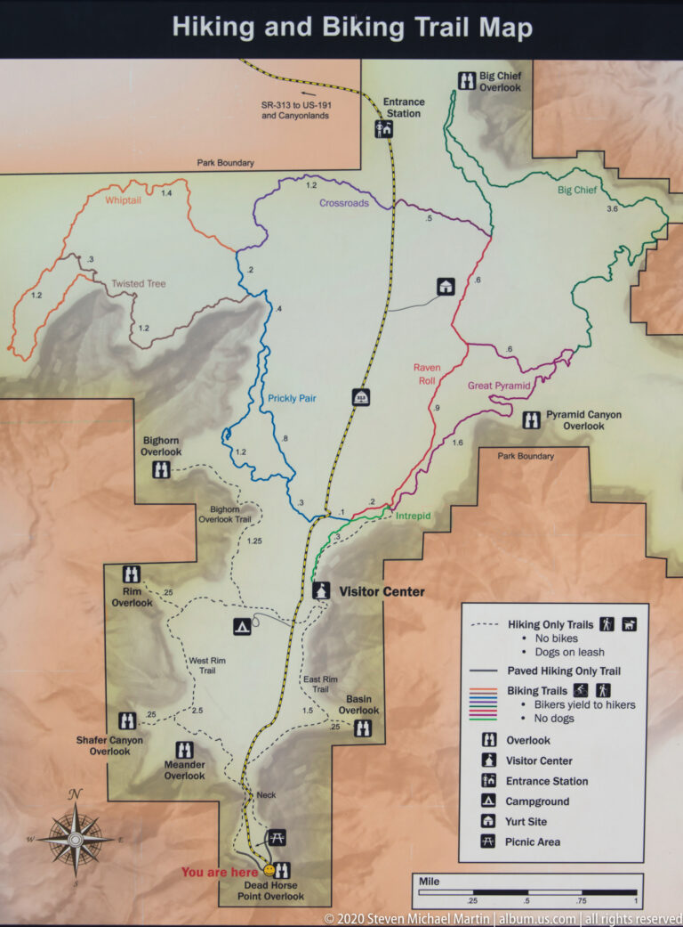 A park map titled “Hiking and Biking Trail Map” shows colored routes, facility icons, a legend, and a location marker.