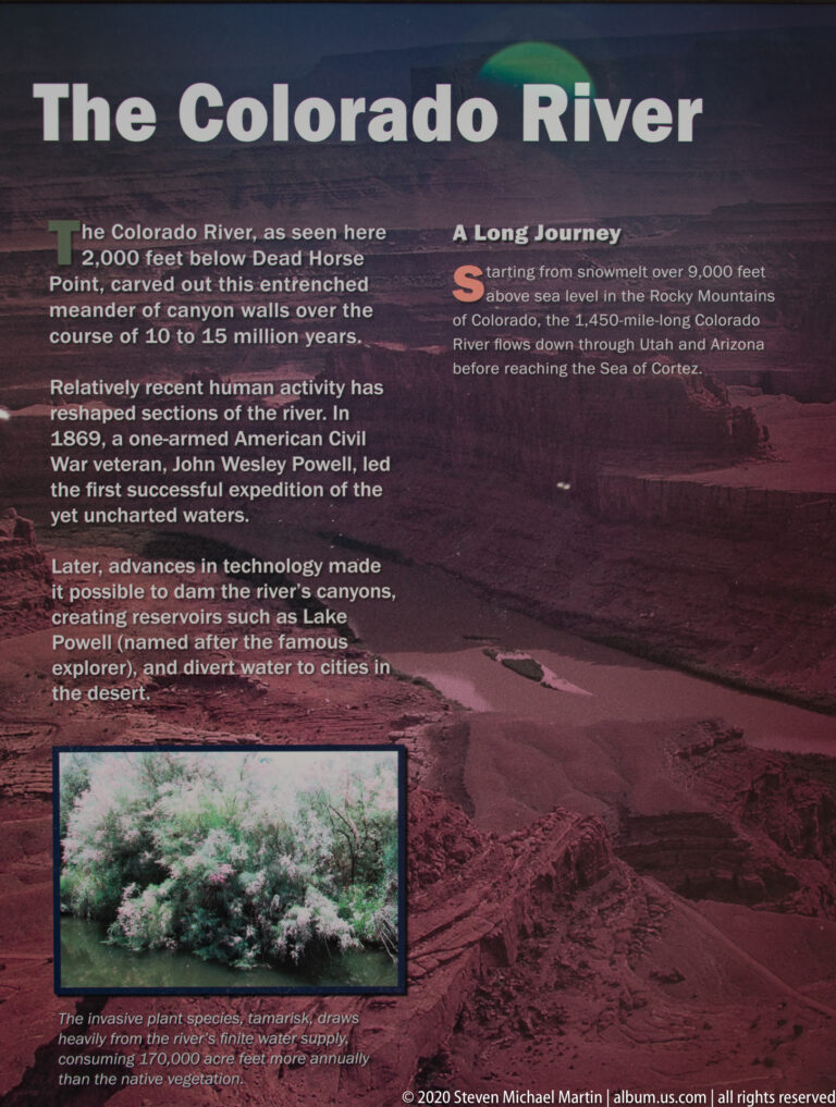A wayside panel titled “Colorado River” combines explanatory text and a small plant photograph over a river landscape.