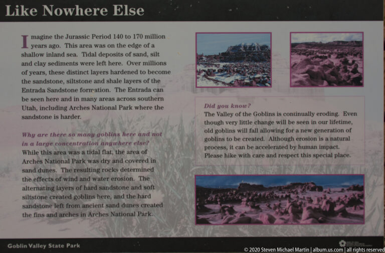A park sign uses text and photographs to explain the goblin formations, their geology, and ongoing erosion.
