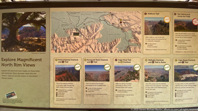A North Rim visitor panel shows a relief map, scenic overlook locations, and short trail descriptions.