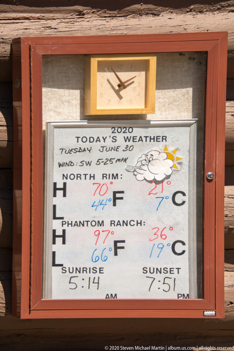 A framed weather board lists North Rim and Phantom Ranch temperatures, wind, sunrise, and sunset.