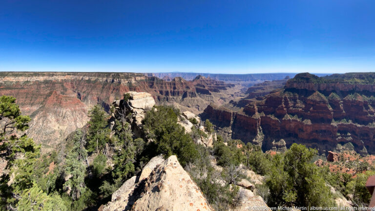 A pale rocky point and pine-covered slope overlook layered red and buff canyon walls beneath a blue sky.