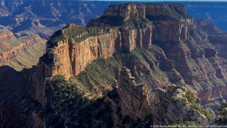 A forested ridge projects above sunlit canyon cliffs and deep shadowed ravines beneath a clear sky.