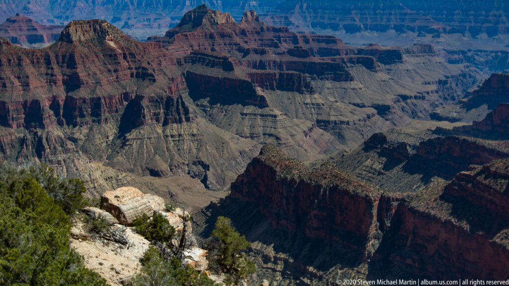 A pale rim boulder and shrubs overlook red buttes and distant canyon plateaus.