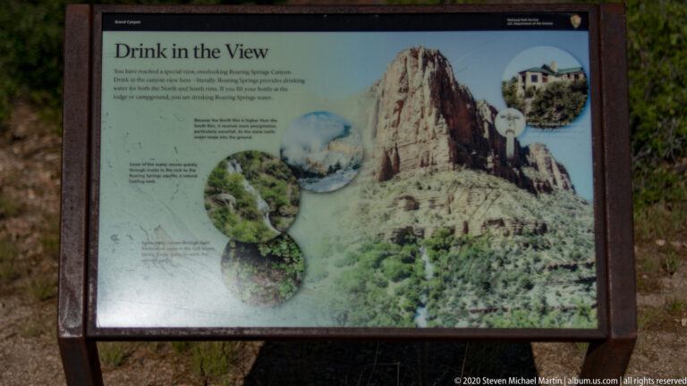 A framed wayside panel combines canyon imagery, inset photographs, and explanatory text.