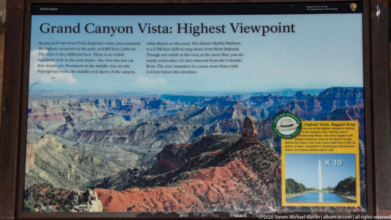 A wayside panel titled “Grand Canyon Vista: Highest Viewpoint” presents a canyon panorama and visitor information.