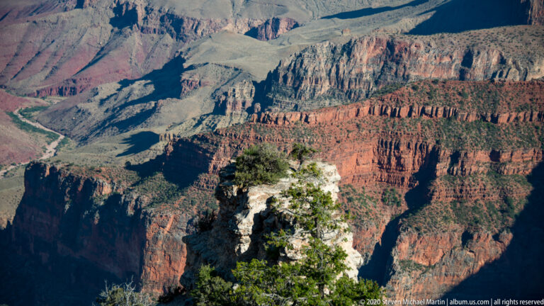 A pale rock outcrop projects from the wooded rim above shadowed red and violet canyon walls.