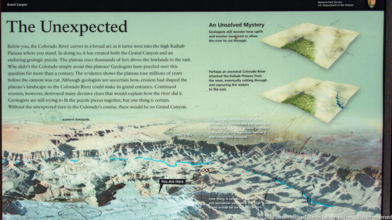 Interpretive panel titled “An Unsolved Mystery,” with a relief map, blue river line, and explanatory text.