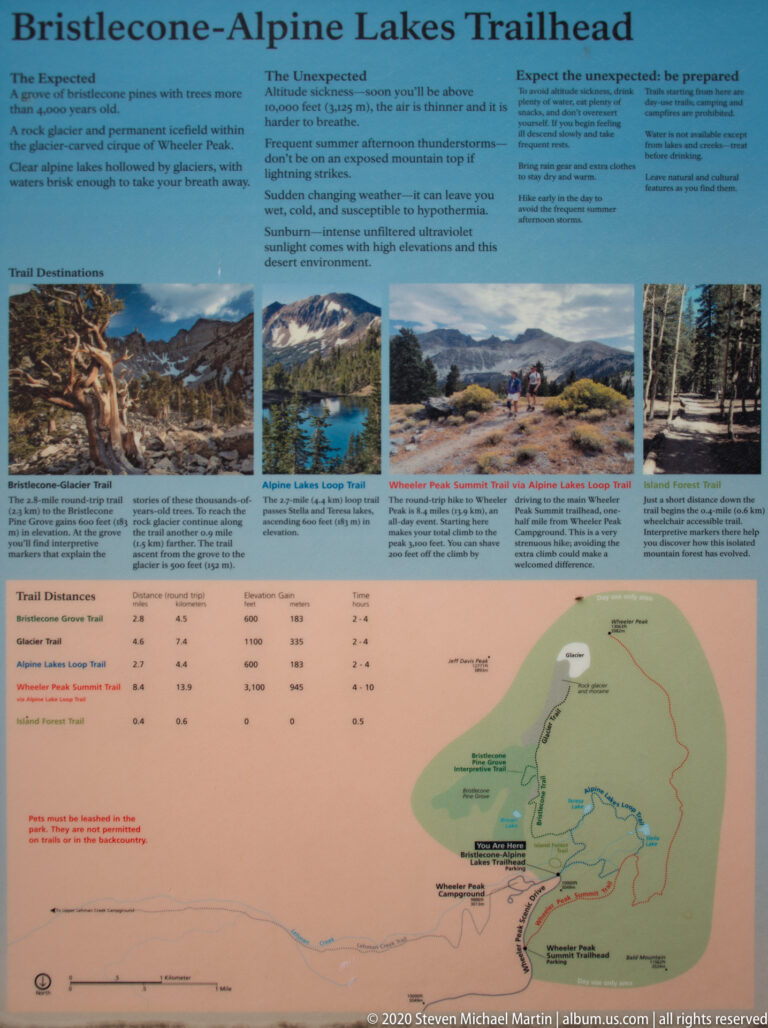 A framed trailhead display places photographs and text above a large colored map.