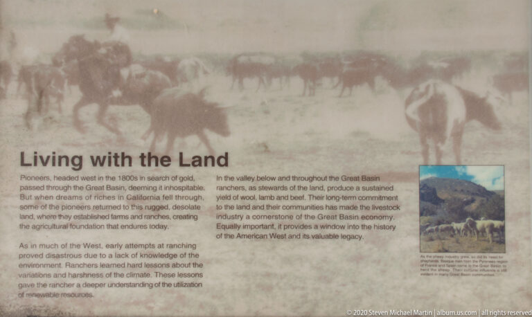 A “Living with the Land” panel pairs historic livestock imagery with text about ranching and settlement.