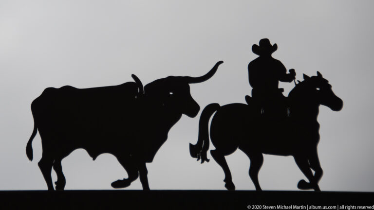 Black silhouettes show a longhorn steer beside a mounted cowboy against a bright sky.