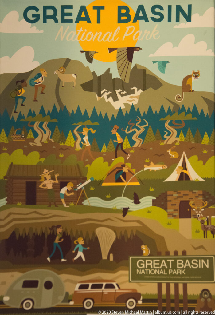 A colorful Great Basin National Park mural combines mountains, animals, cabins, campers, and a road.