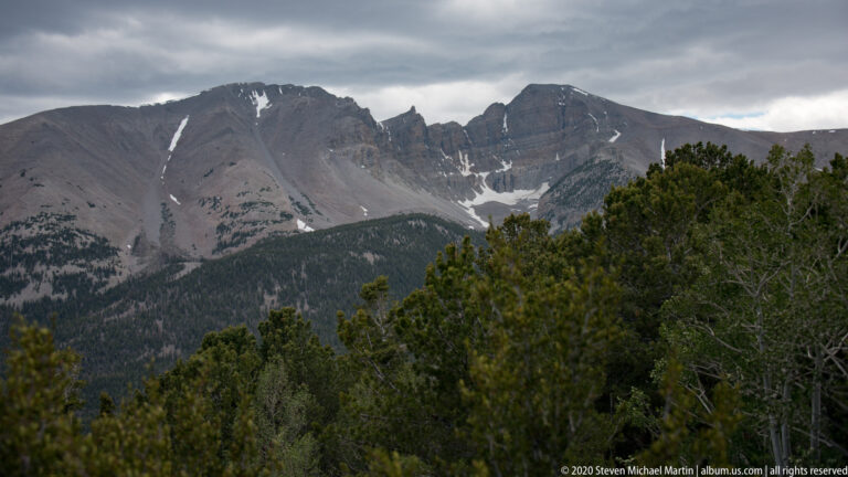 A jagged gray mountain ridge with narrow snowfields rises above dense conifers under low clouds.