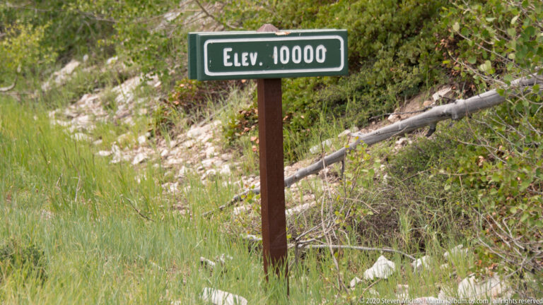 An “Elev. 10000” sign stands beside a narrow trail among grass and shrubs.
