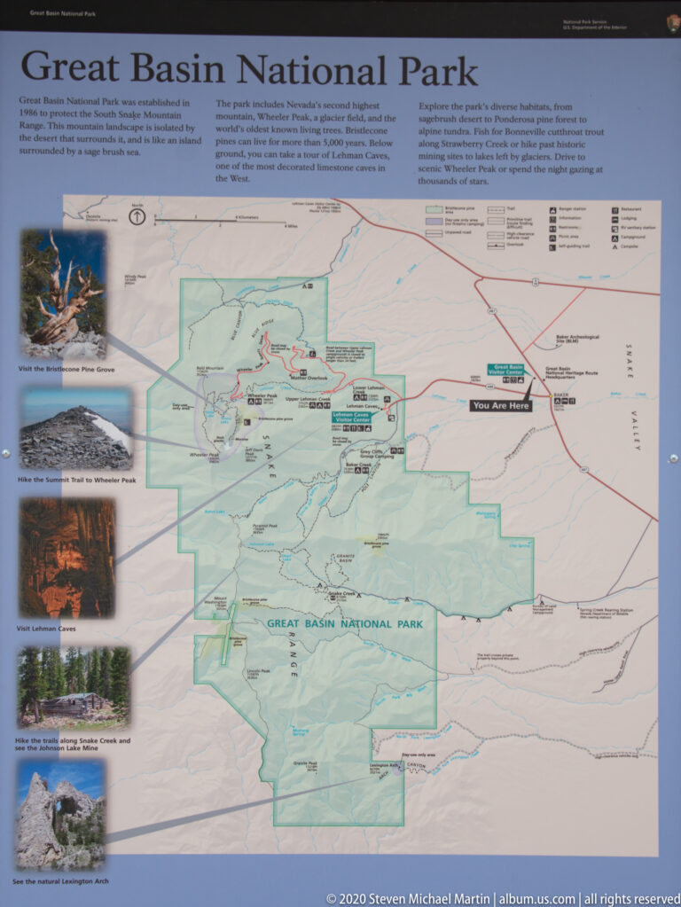 A Great Basin National Park map shows boundaries, routes, place labels, and small destination photos.