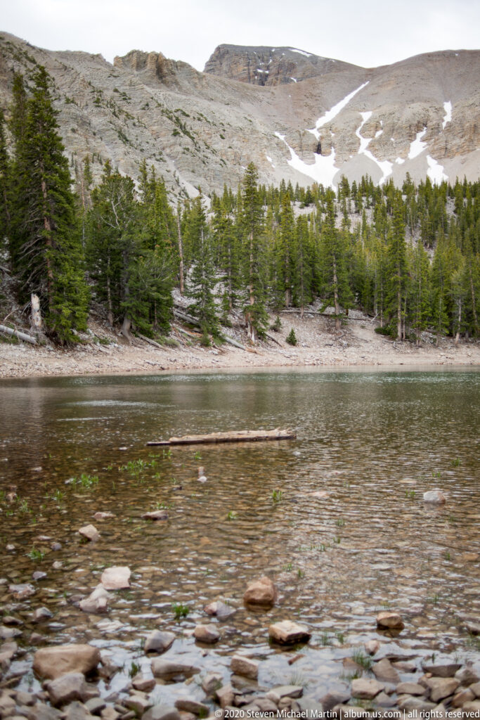 A shallow alpine lake with stones beneath clear water, conifers, and a snow-streaked rocky slope.
