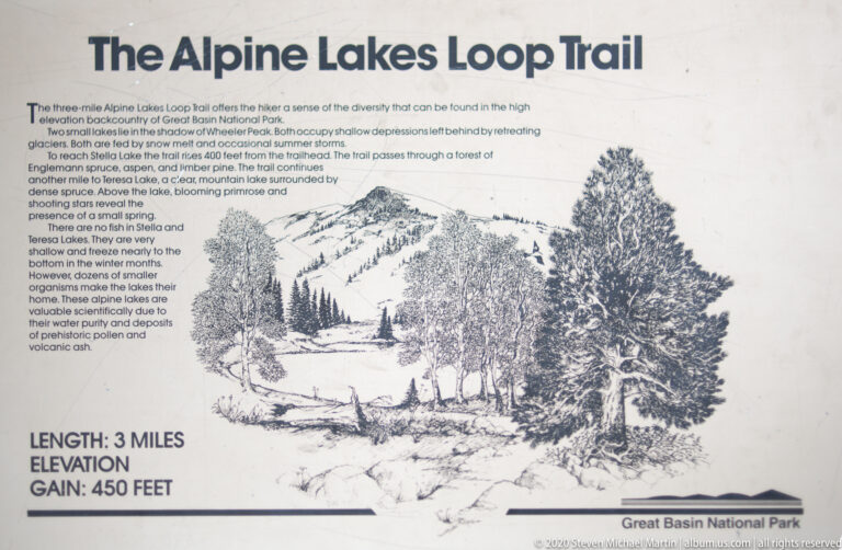 A trail panel describes the three-mile Alpine Lakes Loop and shows a mountain lake illustration.