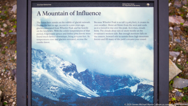 A Mountain of Influence panel features a cloud-covered Wheeler Peak and text about mountain climate.