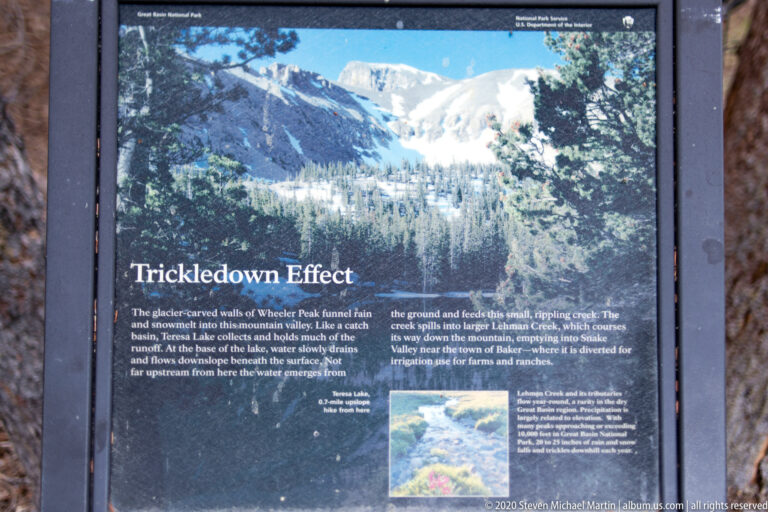 A Trickledown Effect sign links Wheeler Peak snowmelt with streams and downstream water supplies.