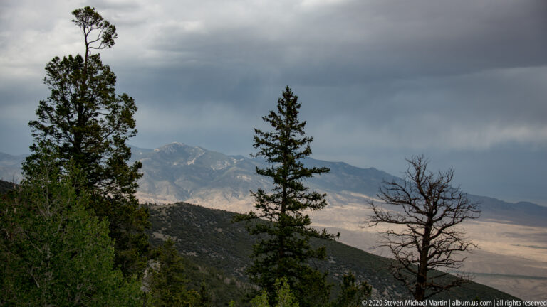 Clouds hang above a distant mountain range and pale basin, framed by forest trees.
