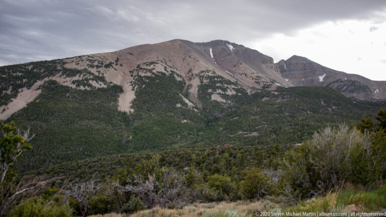 A broad gray ridge with small snow patches rises above a dark conifer forest beneath low clouds.