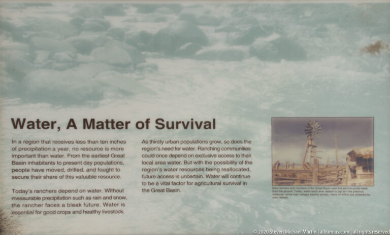 A “Water, A Matter of Survival” panel includes text about water and a small windmill photograph.