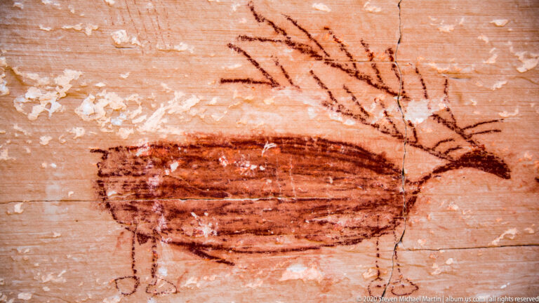 A broad-bodied reddish animal with four legs and branching lines above its back fills the sandstone view.
