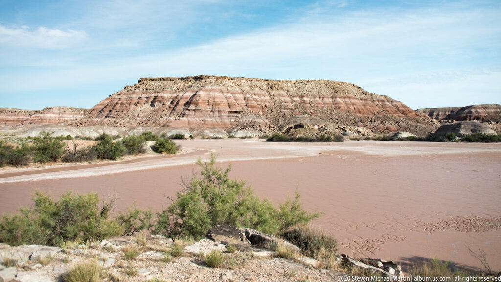 Sparse shrubs border a pale wash below a distant red-and-cream-banded butte and mesa rim.