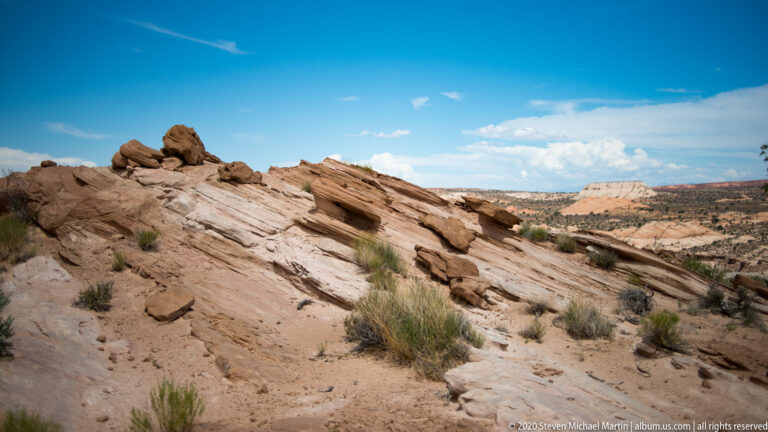Thin sandstone shelves and broken slabs lie among shrubs and grasses on a sandy slope.