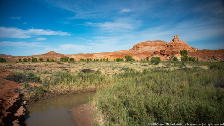 A shallow pool curves through grasses below a sandstone ridge, with trees marking the canyon bottom.