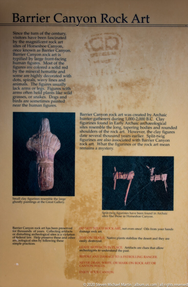 A Barrier Canyon rock art panel combines figure photographs, interpretive text, and warnings against touching the pictographs.