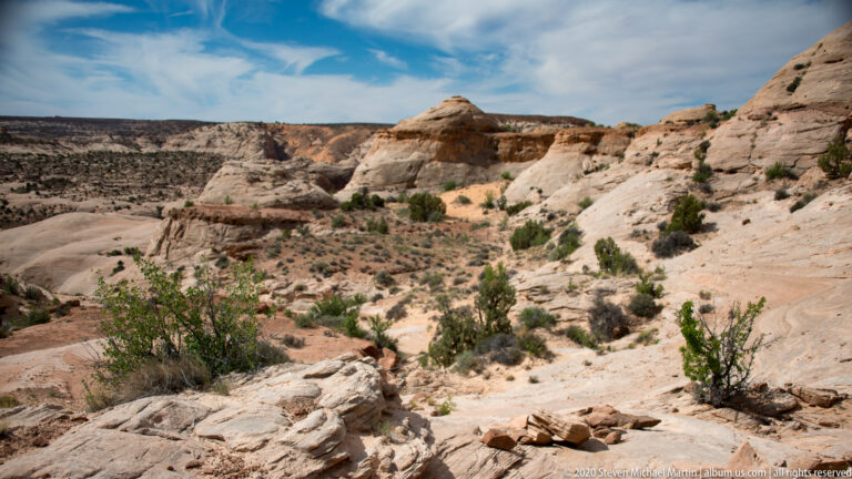 Pale rock shelves descend past scattered shrubs toward rounded sandstone outcrops and distant canyon walls.