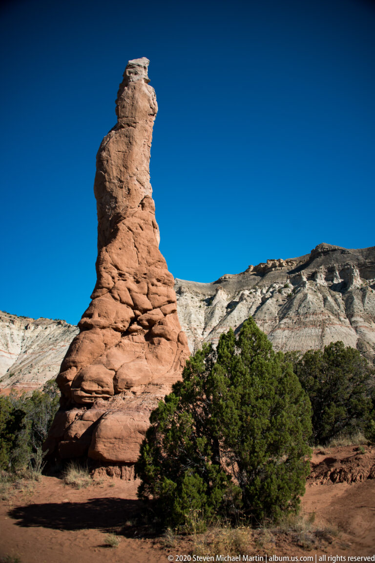 An orange sandstone pillar rises above junipers with pale layered cliffs in the background.