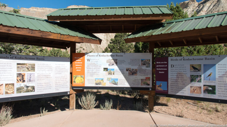 Three covered panels about basin animals, plants, and birds face a paved visitor area.