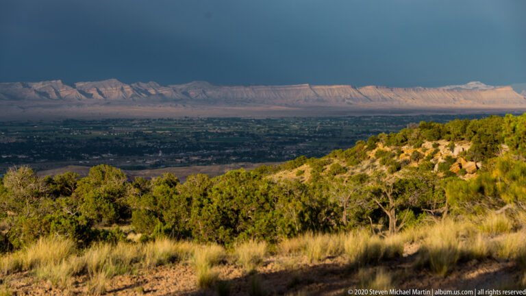 Golden grasses and shrubs cover a hillside above a valley, with a long layered ridge lit in the distance.