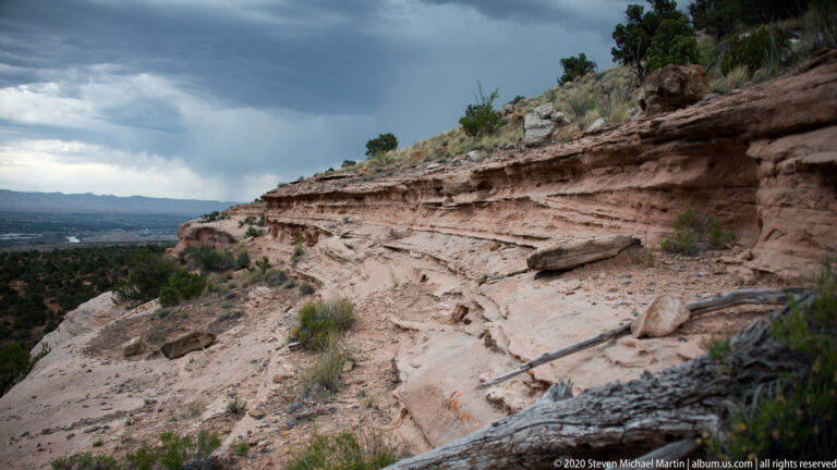 Thin sandstone layers form ledges above a fallen trunk and scattered shrubs beneath cloudy sky.
