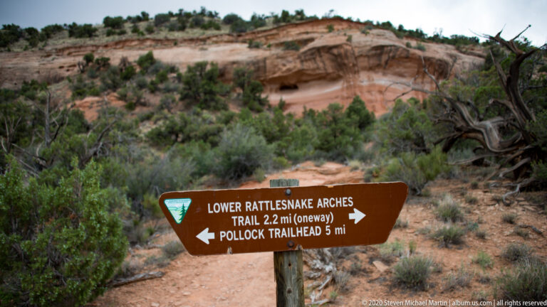 A brown trail sign points right to Lower Rattlesnake Arches and left to Pollock Trailhead beneath sandstone cliffs.
