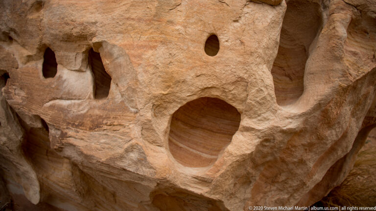 A large rounded hollow opens in pale sandstone beside smaller cavities and curved ledges.