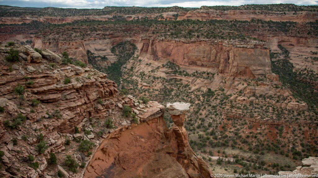 A rocky rim overlooks a broad canyon with layered red cliffs and vegetated slopes.