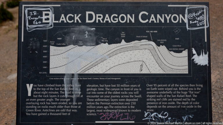 A Black Dragon Canyon sign displays a route diagram and text about the San Rafael Reef.