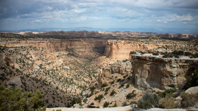 Pale sandstone shelves descend into a shrub-dotted canyon basin beneath distant mesas.